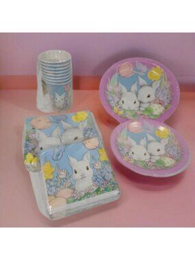 American Greetings Paper Goods Plates Napkins Cups WhiteBunny Easter Lot Vintage